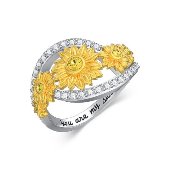 Sterling Silver Two-tone Round Cubic Zirconia Sunflower Ring with Engraved Word