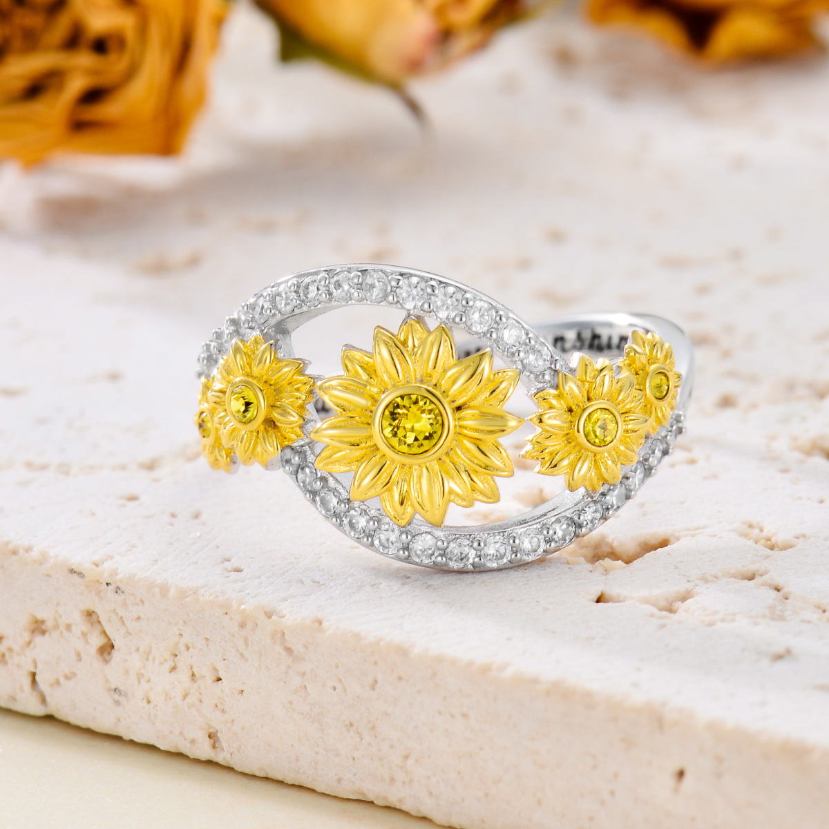 Anillo de girasol con circonita cúbica redonda de dos tonos en plata de ley con palabra grabada-3