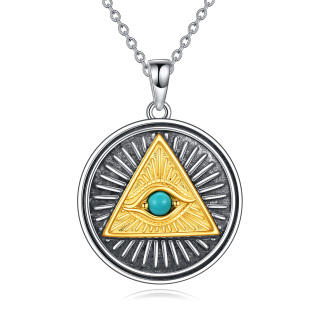 Sterling Silver Two-tone Round Turquoise Eye Of Horus Pendant Necklace-3