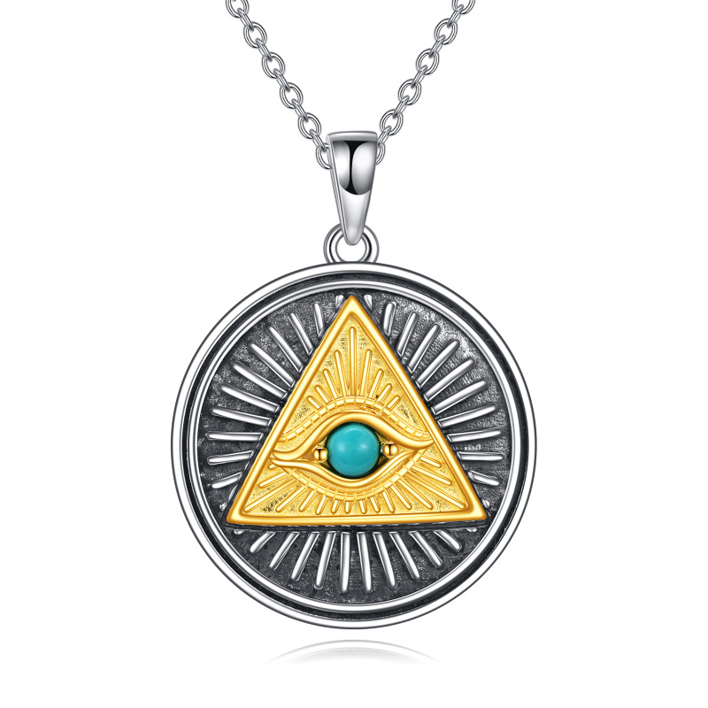 Collier pendentif rond turquoise oeil d'Horus en argent sterling bicolore