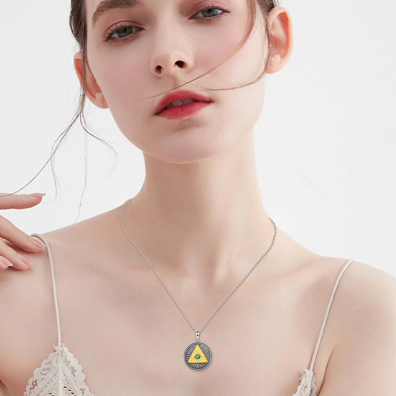 Sterling Silver Two-tone Round Turquoise Eye Of Horus Pendant Necklace-2