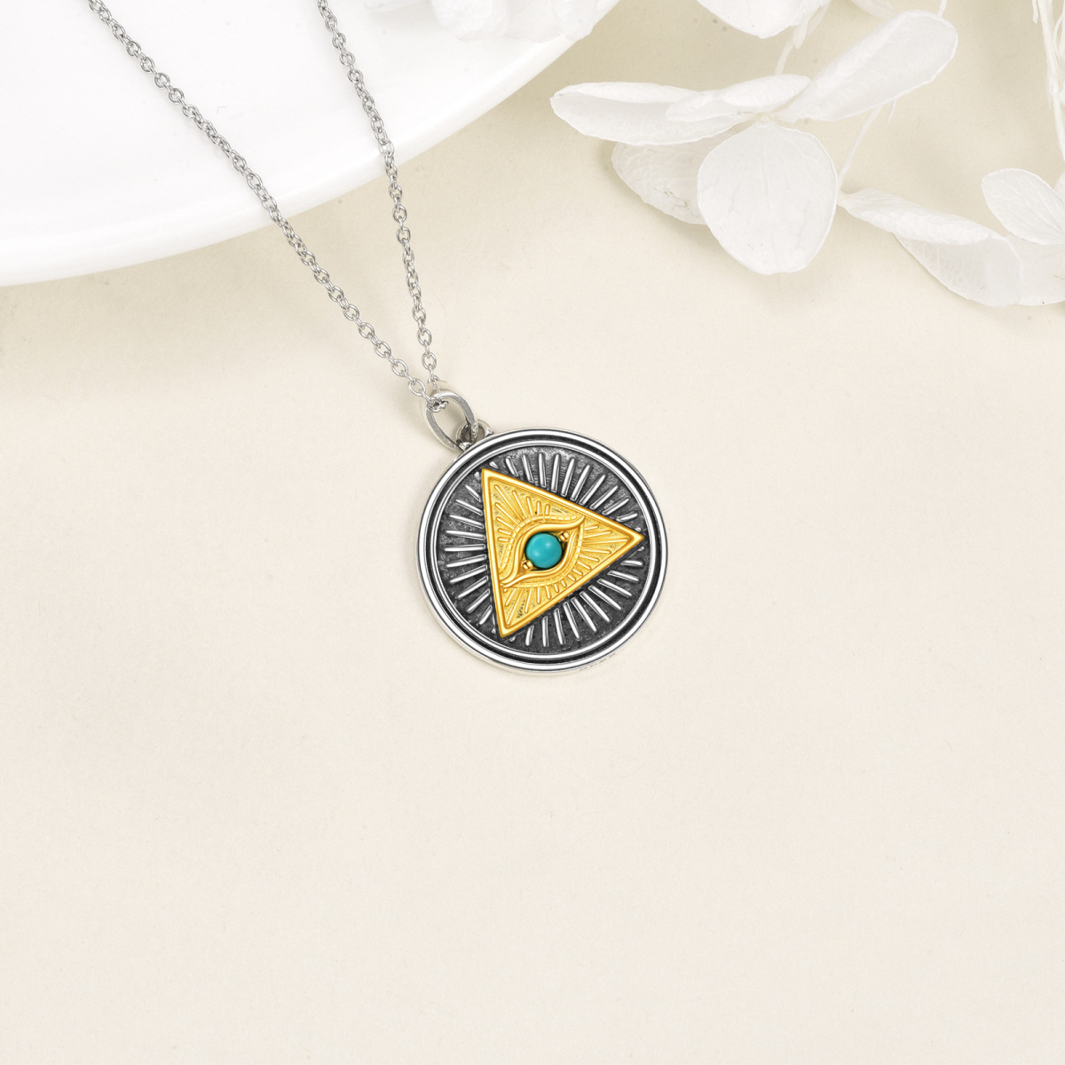 Collier pendentif rond turquoise oeil d'Horus en argent sterling bicolore-4