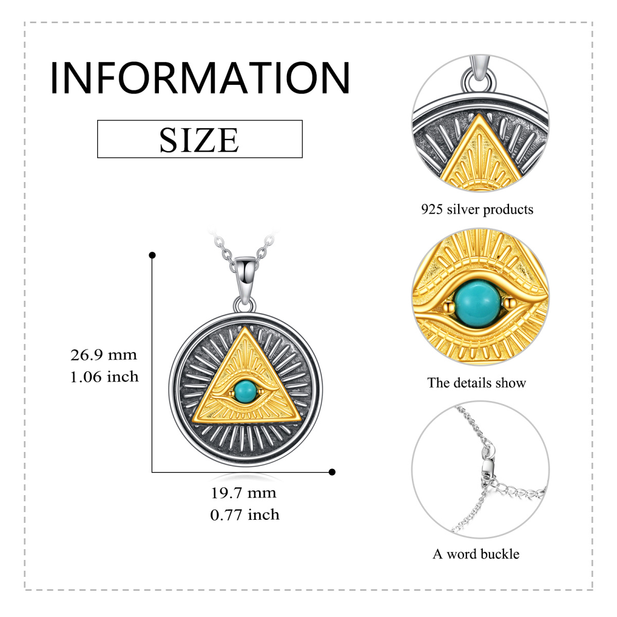 Collier pendentif rond turquoise oeil d'Horus en argent sterling bicolore-5