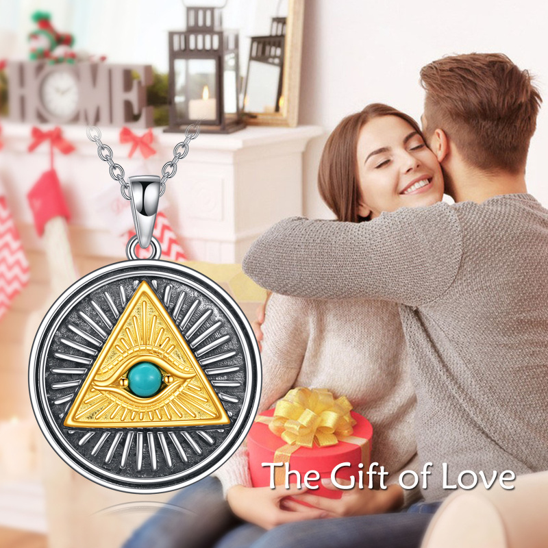 Sterling Silver Two-tone Round Turquoise Eye Of Horus Pendant Necklace-6