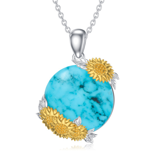 Sterling Silver Two-tone Round Turquoise Sunflower Pendant Necklace