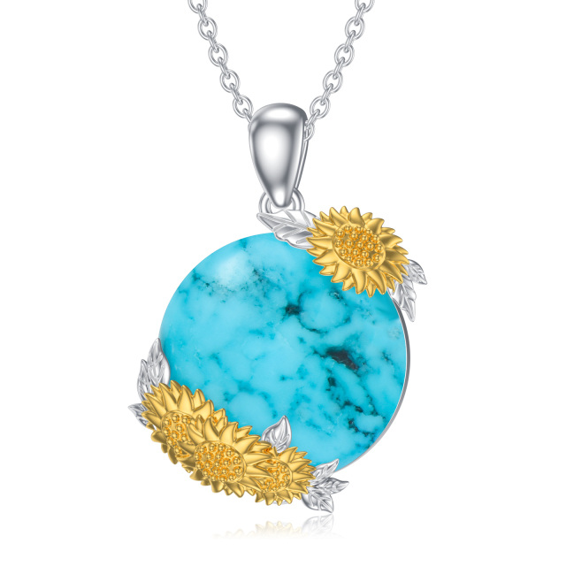 Sterling Silver Two-tone Round Turquoise Sunflower Pendant Necklace-3