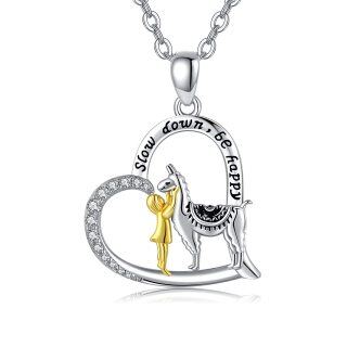 Sterling Silver Two-tone Round Zircon Alpaca & Heart Cable Chain Necklace-24