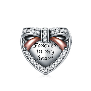 Sterling Silver Two-tone Round Zircon Bow & Heart Bead Charm with Engraved Word-2