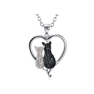 Sterling Silver Two-tone Round Zircon Cat & Heart Pendant Necklace-60