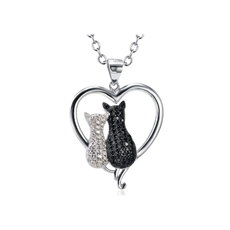 Sterling Silver Two-tone Round Zircon Cat & Heart Pendant Necklace-15