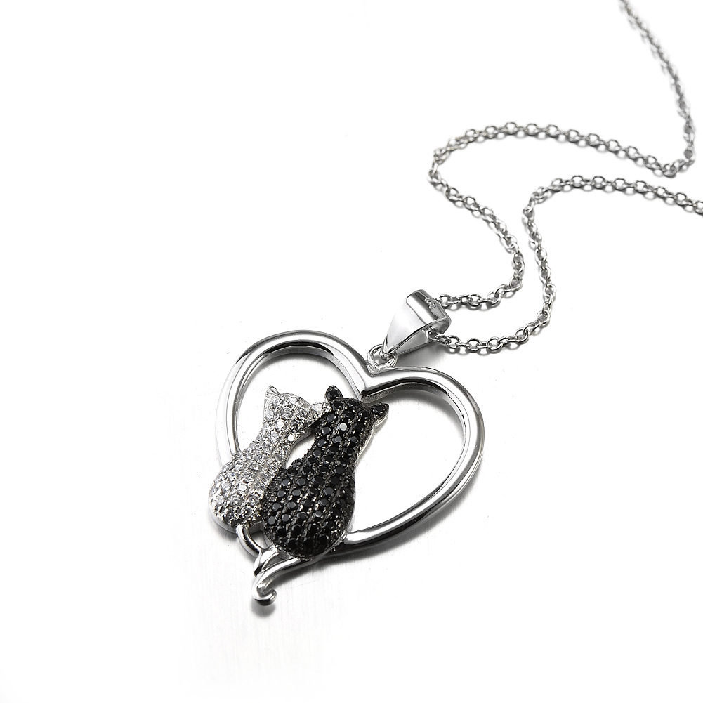 Sterling Silver Two-tone Round Zircon Cat & Heart Pendant Necklace-4