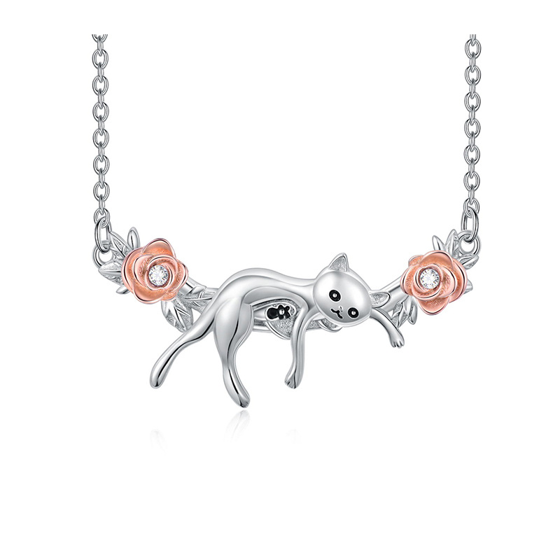 Collier en argent sterling avec pendentif chat et rose en zircon rond bicolore-1