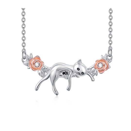 Sterling Silver Two-tone Round Zircon Cat & Rose Pendant Necklace