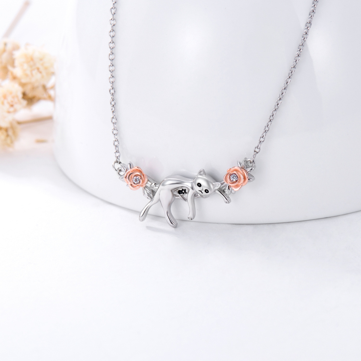 Sterling Silver Two-tone Round Zircon Cat & Rose Pendant Necklace-3