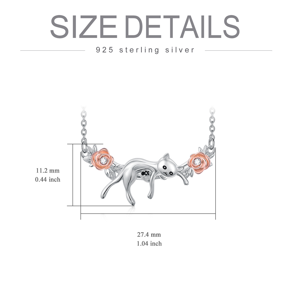 Sterling zilveren tweekleurige ronde zirkoon kat en roos hanger ketting-5