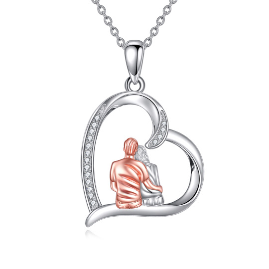 Collier en argent sterling avec pendentif couple et coeur en zircon rond bicolore