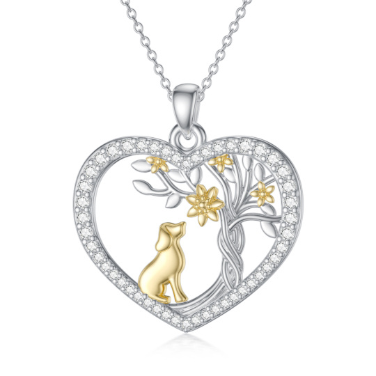 Sterling Silver Two-tone Round Zircon Dog & Heart Pendant Necklace