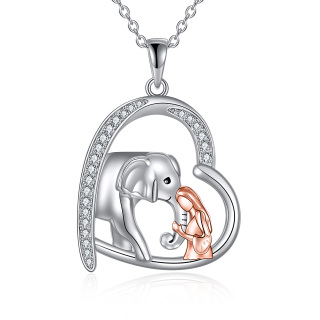 Sterling Silver Two-tone Round Zircon Elephant Pendant Necklace-19