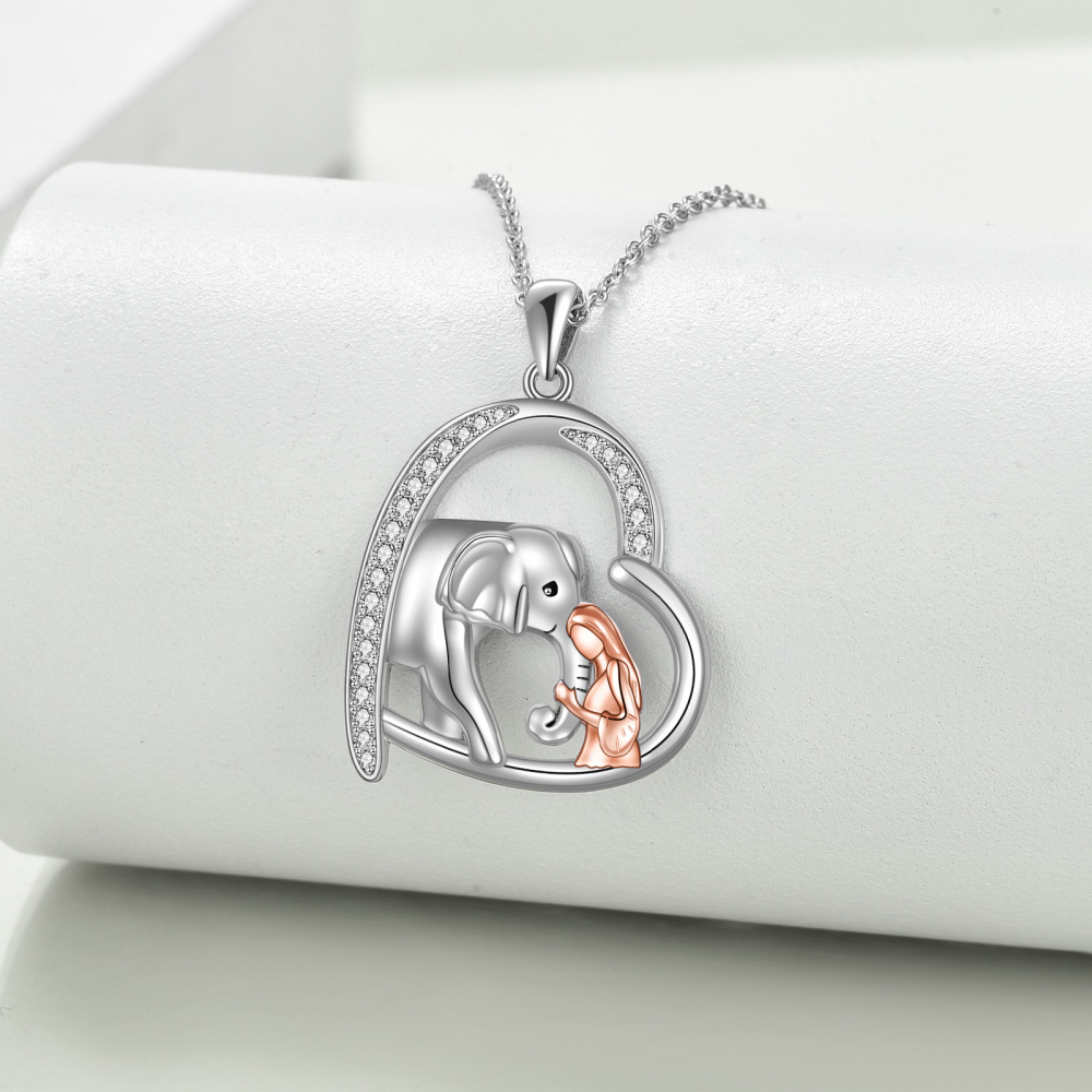Sterling Silver Two-tone Round Zircon Elephant Pendant Necklace-3