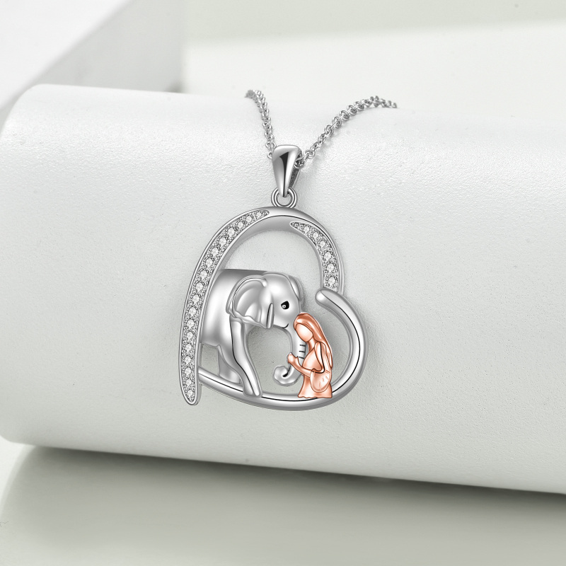 Sterling Silver Two-tone Round Zircon Elephant Pendant Necklace-3