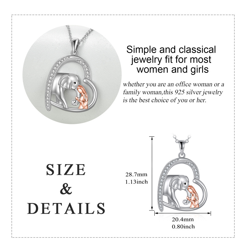 Sterling Silver Two-tone Round Zircon Elephant Pendant Necklace-5