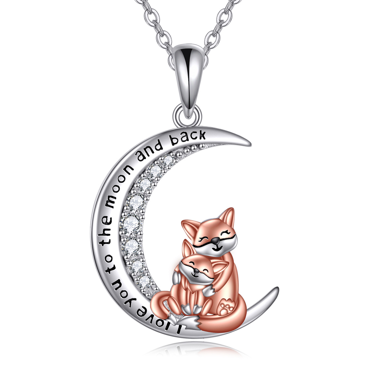 Sterling Silver Two-tone Round Zircon Fox Pendant Necklace-1