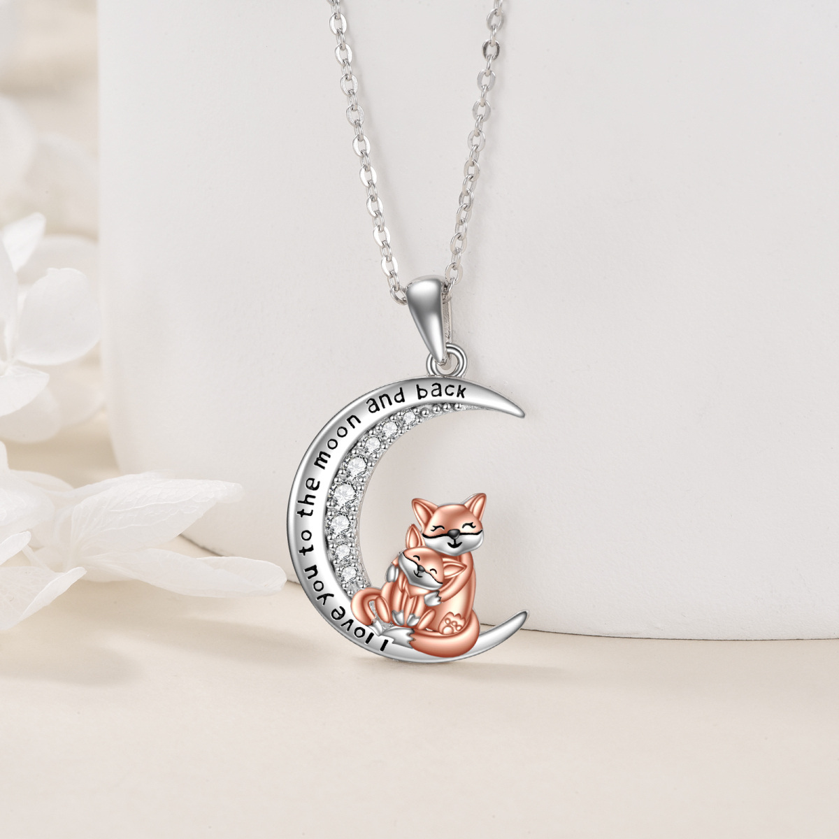 Sterling Silver Two-tone Round Zircon Fox Pendant Necklace-3