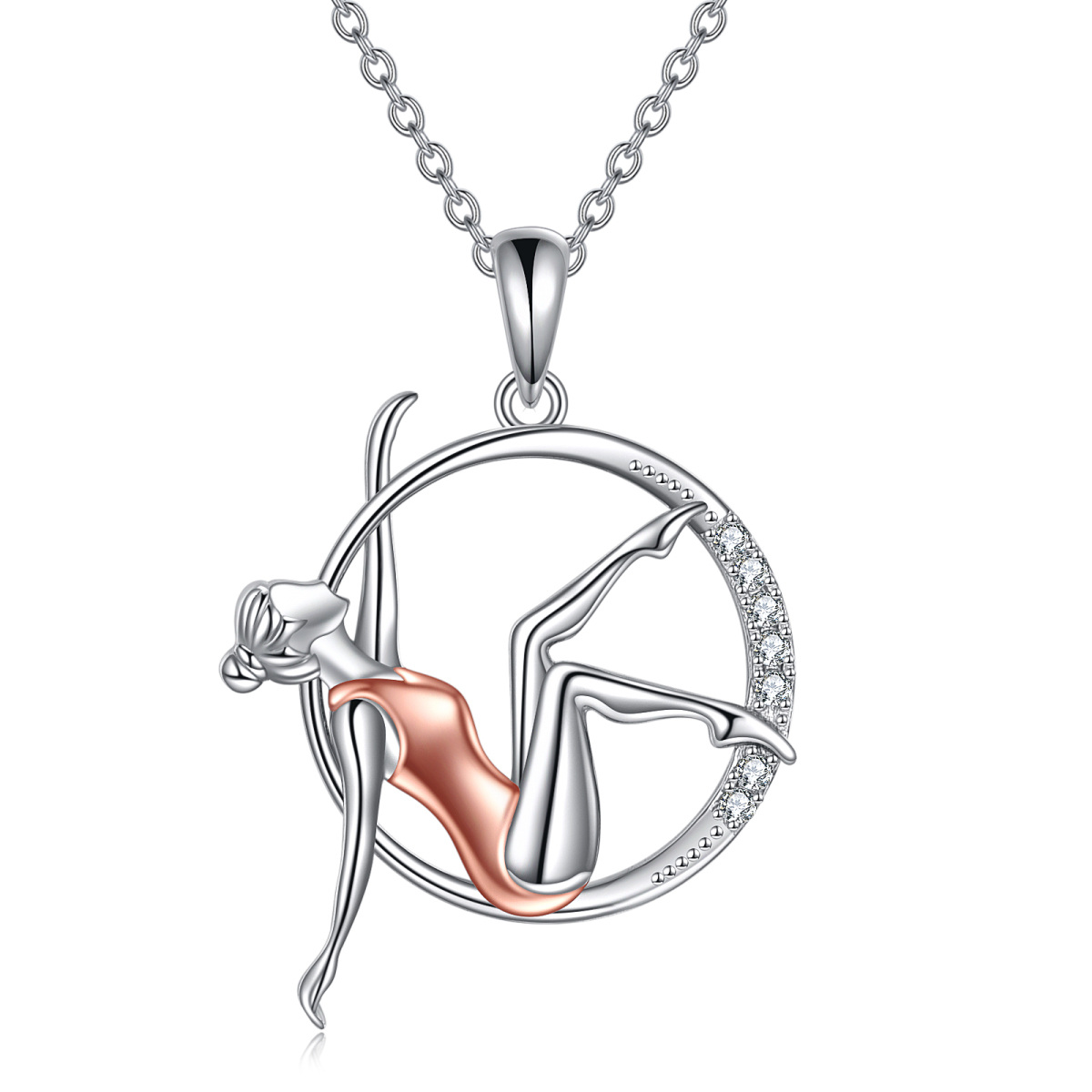 Sterling zilveren tweekleurige ronde zirkoon gymnast Hanger ketting-1