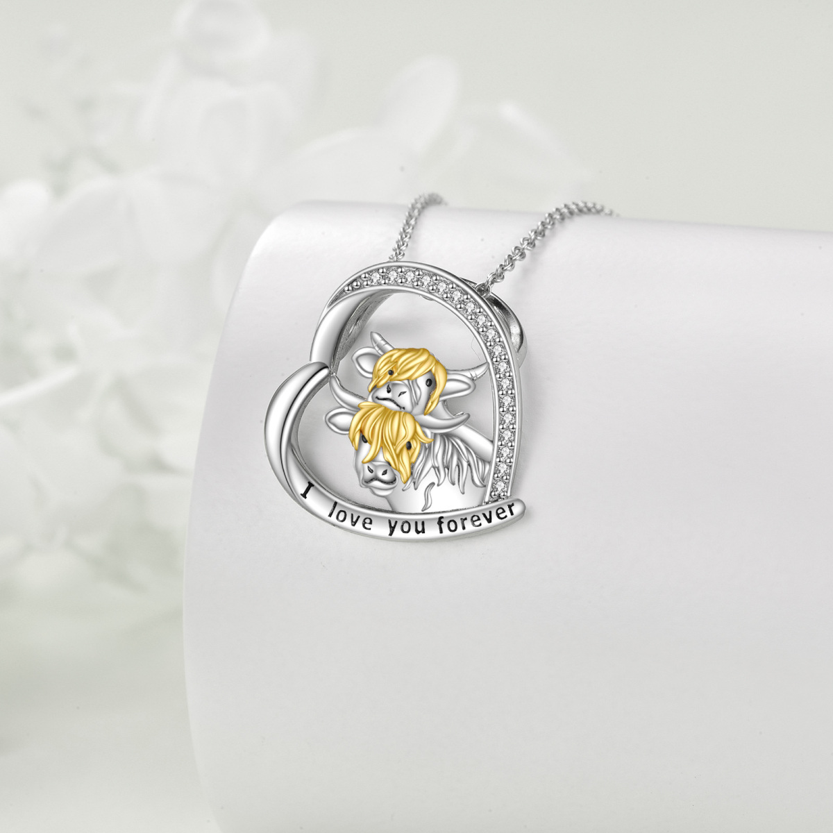 Sterling Silver Two-tone Round Zircon Highland Cow & Heart Pendant Necklace with Engraved Word-3