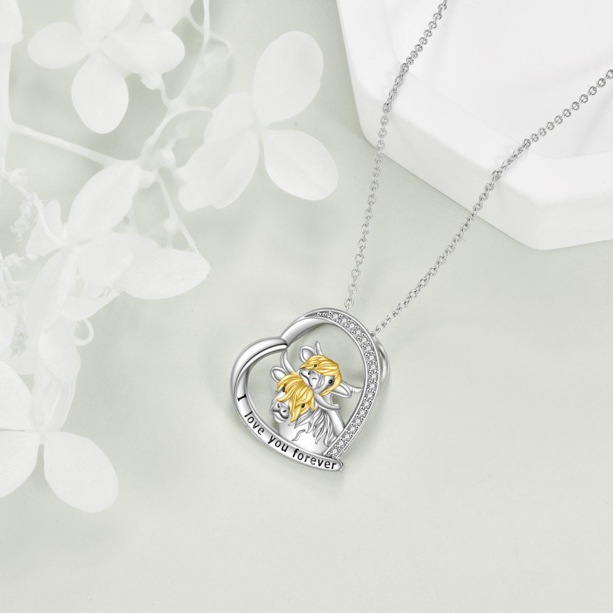 Sterling Silver Two-tone Round Zircon Highland Cow & Heart Pendant Necklace with Engraved Word-4