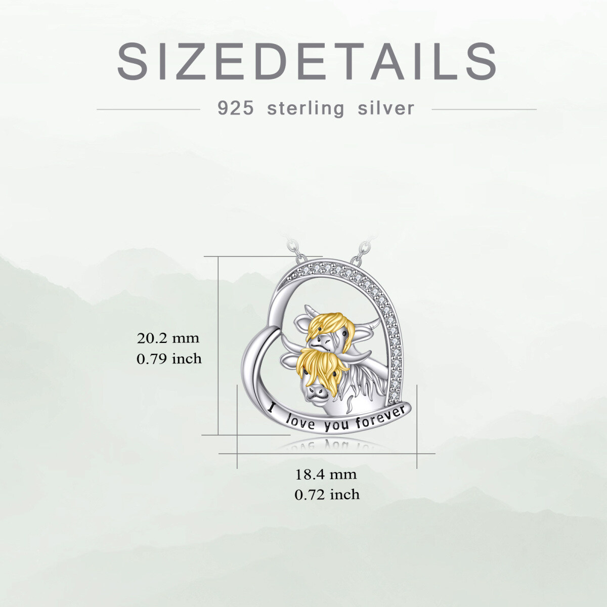 Sterling Silber zweifarbig rund Zirkon Highland Cow & Herz Anhänger Halskette mit eingravi-5