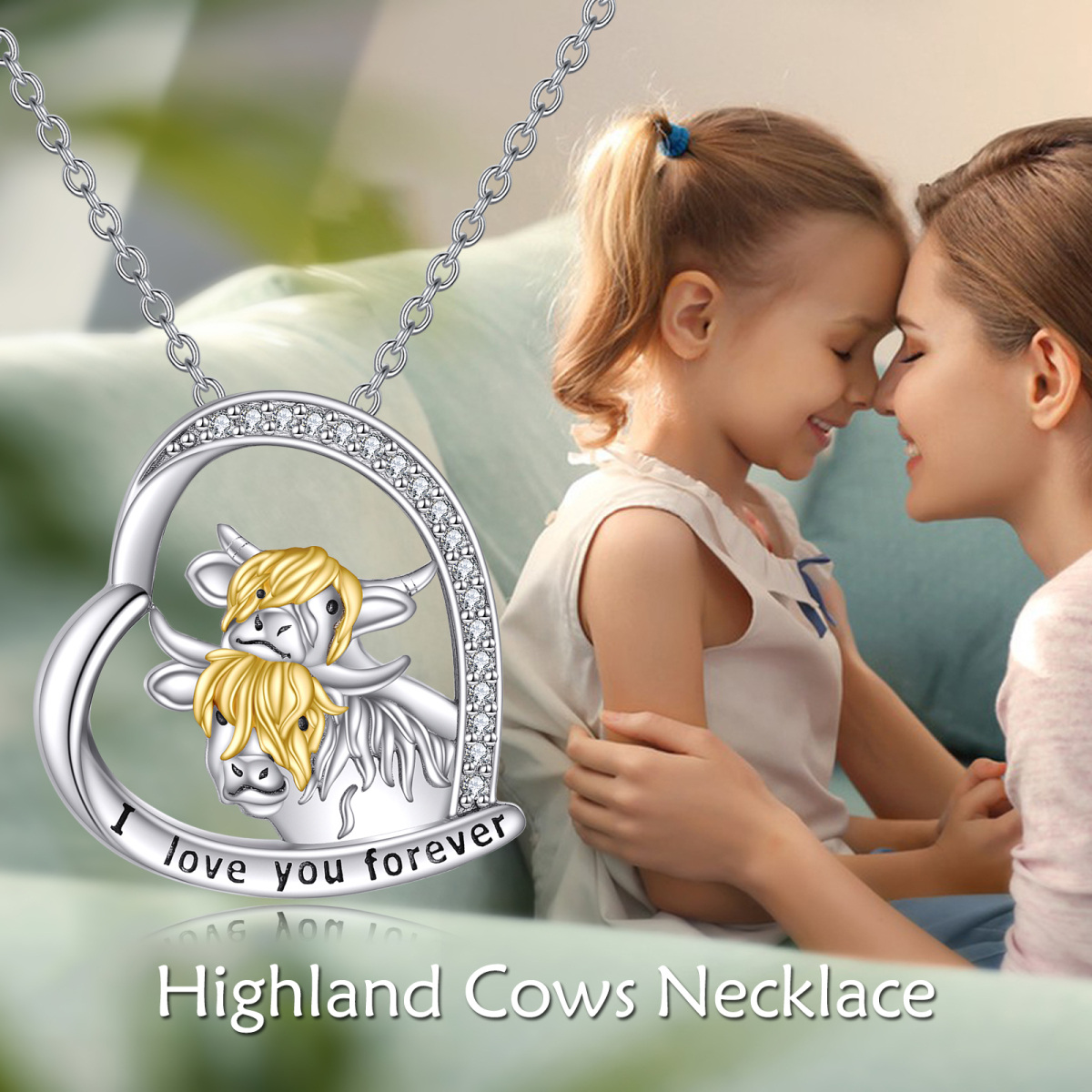 Collana con ciondolo a cuore e mucca Highland in argento sterling bicolore con zircone rotondo e parola incisa-6