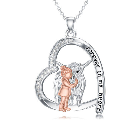 Sterling Silver Two-tone Round Zircon Highland Cow Pendant Necklace with Engraved Word