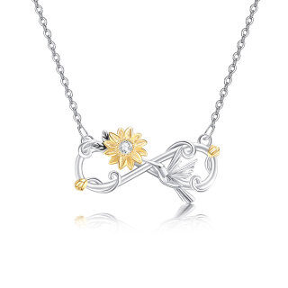 Sterling Silver Two-tone Round Zircon Hummingbird & Sunflower Pendant Necklace-7