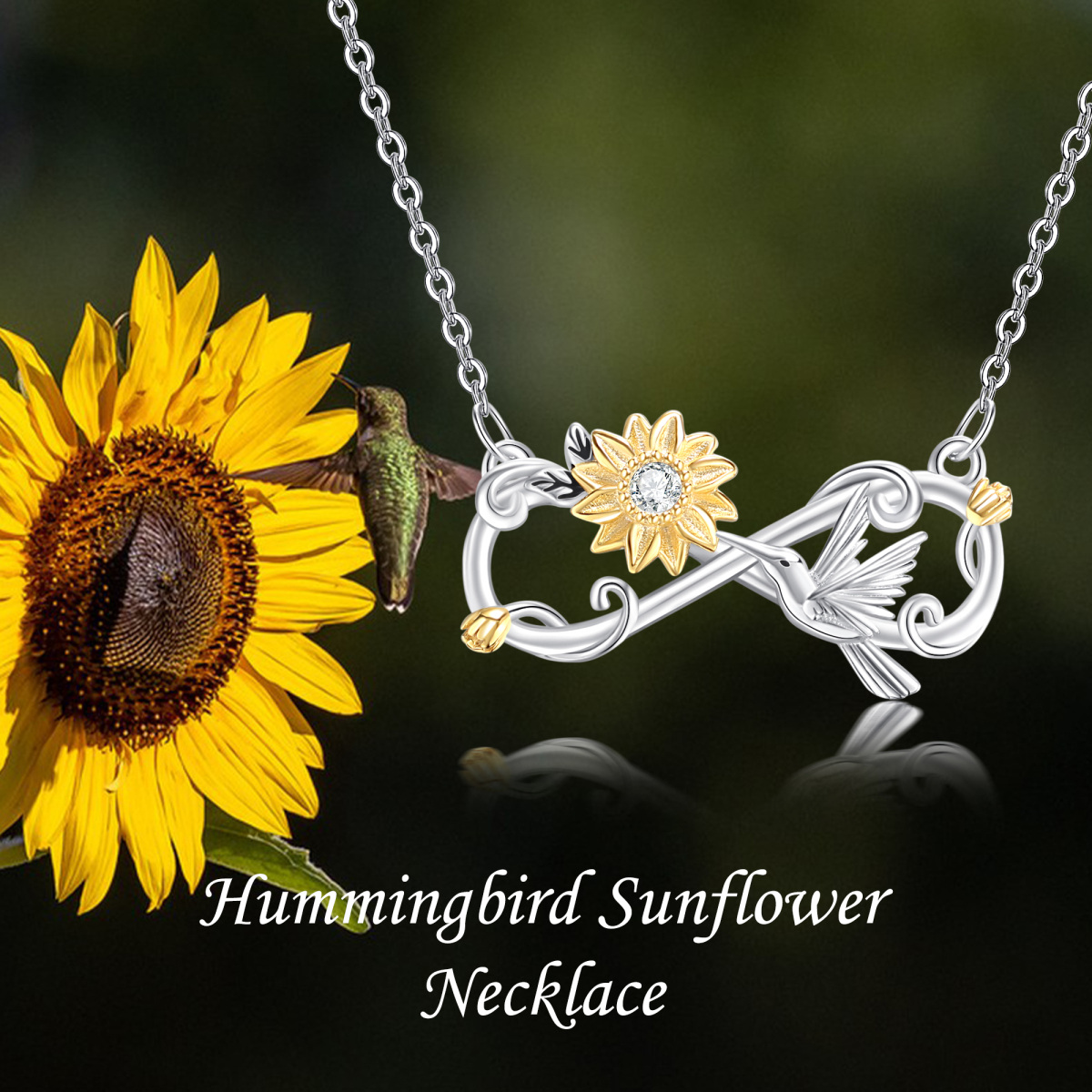 Sterling Silver Two-tone Round Zircon Hummingbird & Sunflower Pendant Necklace-5