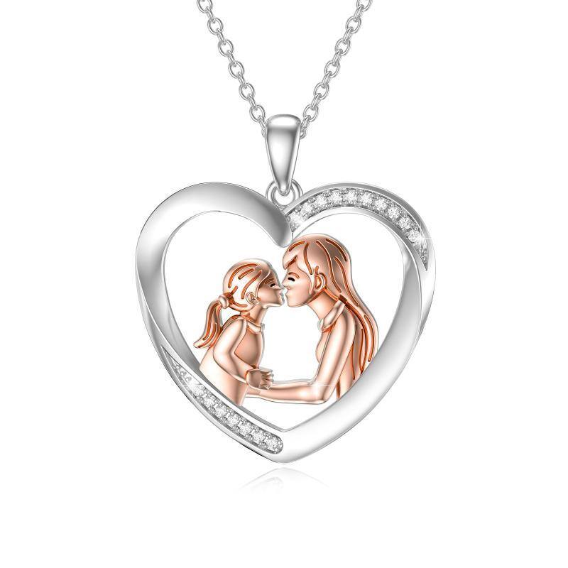 Sterling Silver Two-tone Round Zircon Mother & Daughter Heart Pendant Necklace-1