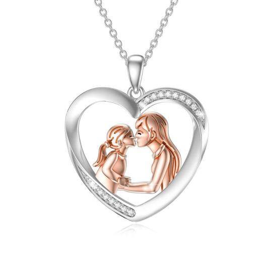 Sterling Silver Two-tone Round Zircon Mother & Daughter Heart Pendant Necklace