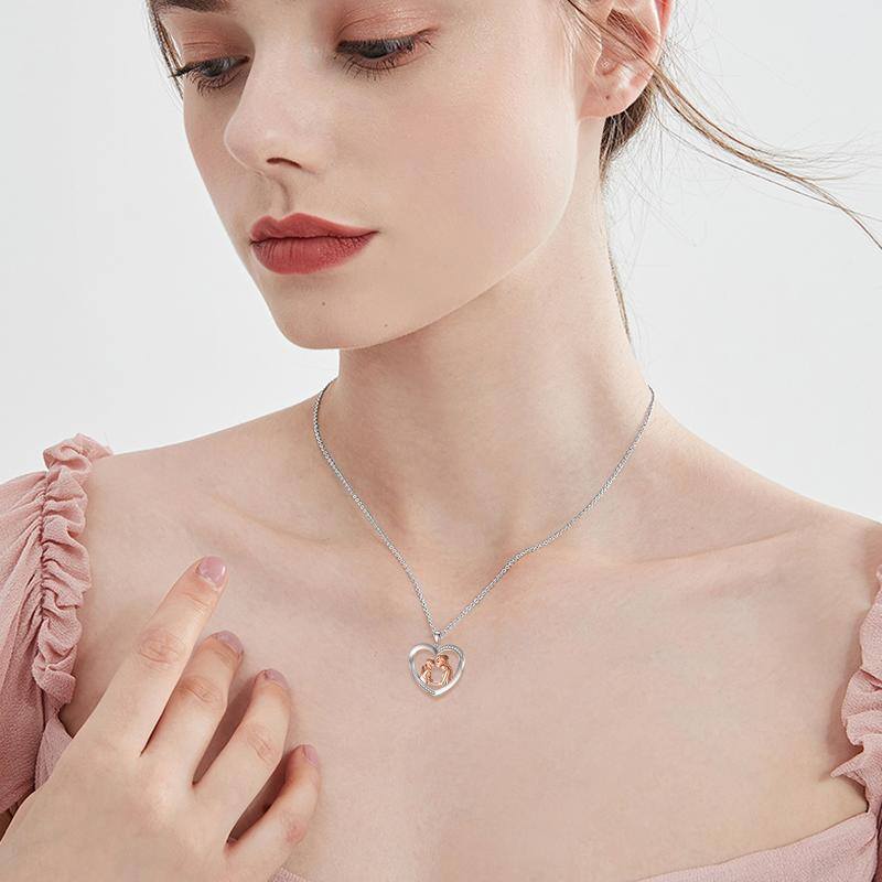 Colar de prata esterlina com dois tons de zircão redondo com pingente de coração para mãe e filha-2