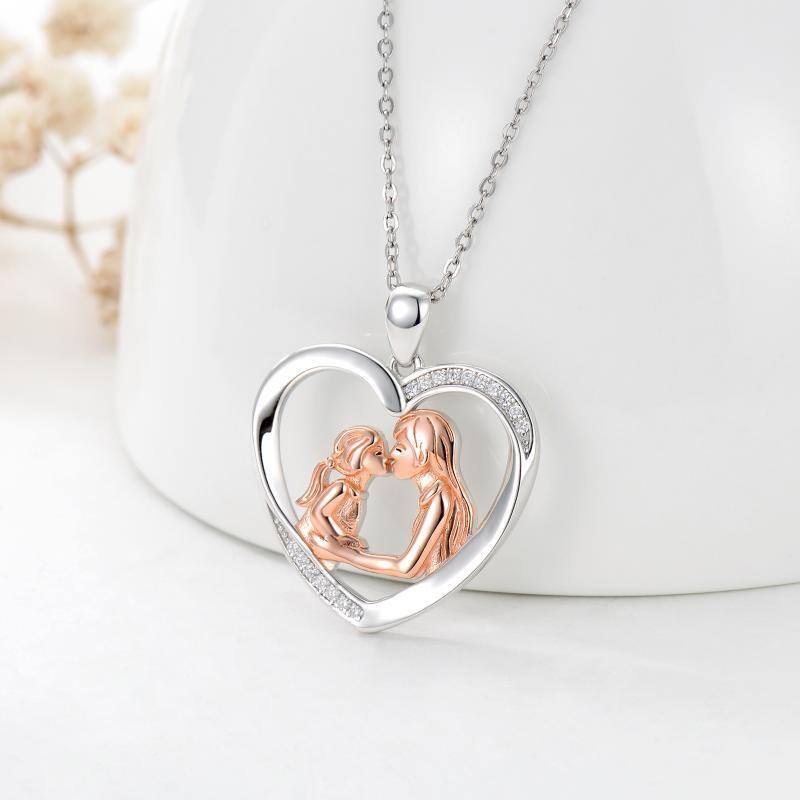 Sterling Silver Two-tone Round Zircon Mother & Daughter Heart Pendant Necklace-3