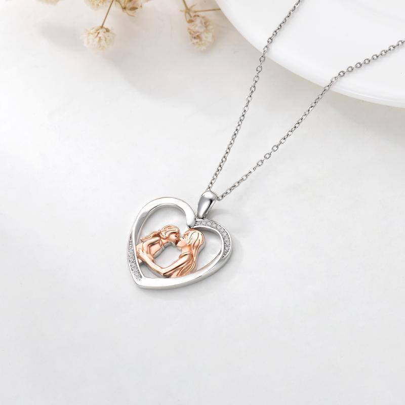 Sterling Silver Two-tone Round Zircon Mother & Daughter Heart Pendant Necklace-4