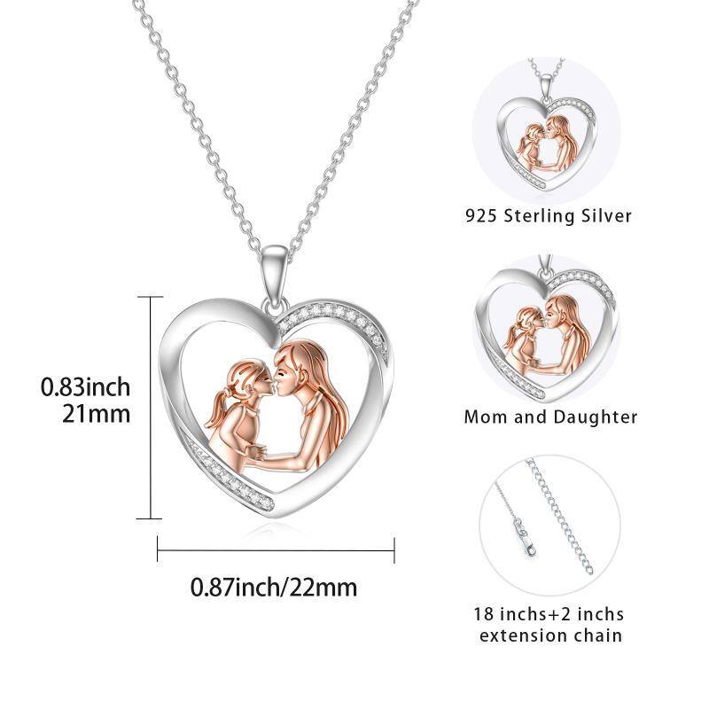 Collana con ciondolo a cuore madre e figlia in argento sterling con zircone rotondo bicolore-5