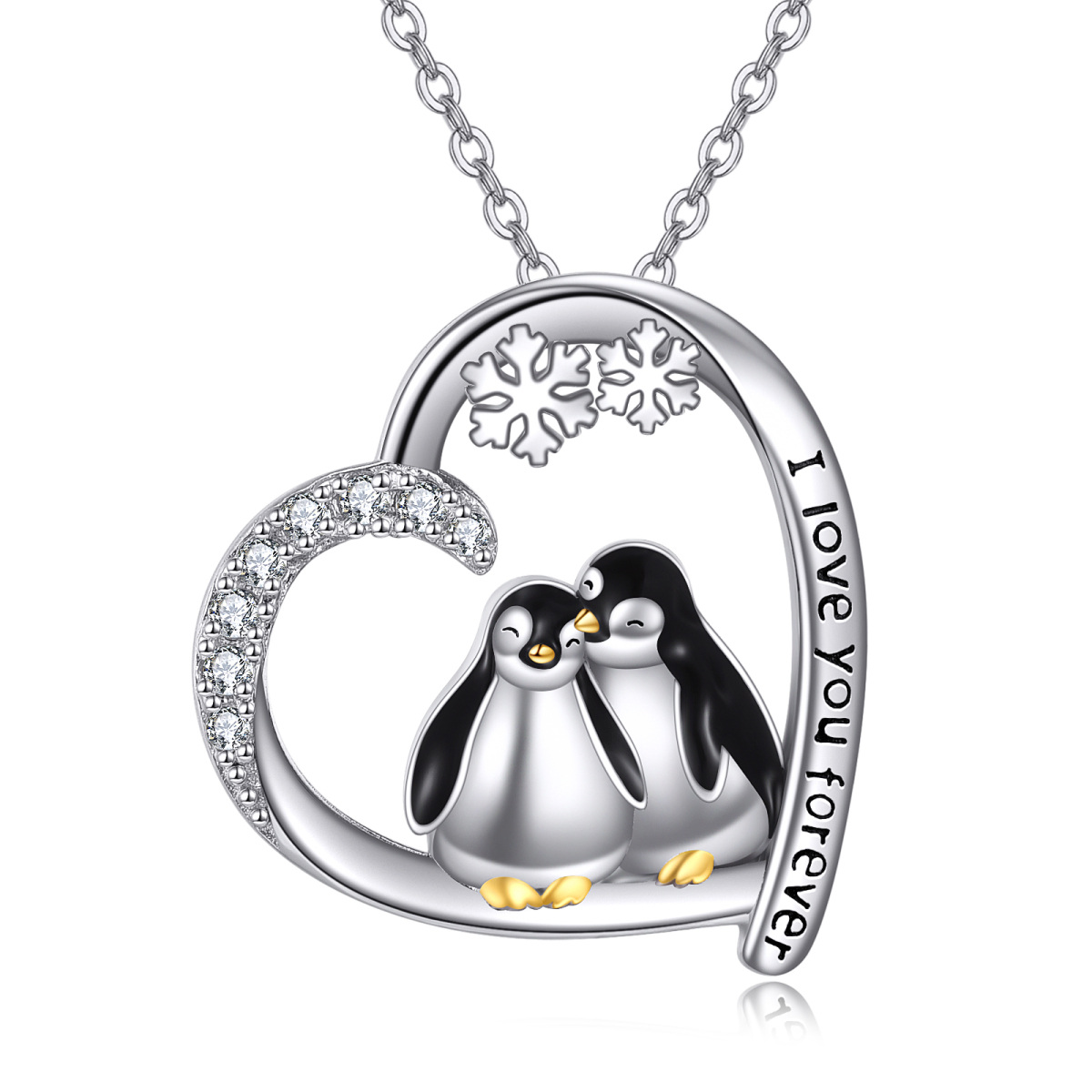 Sterling Silver Two-tone Round Zircon Penguin & Heart & Snowflake Pendant Necklace-1