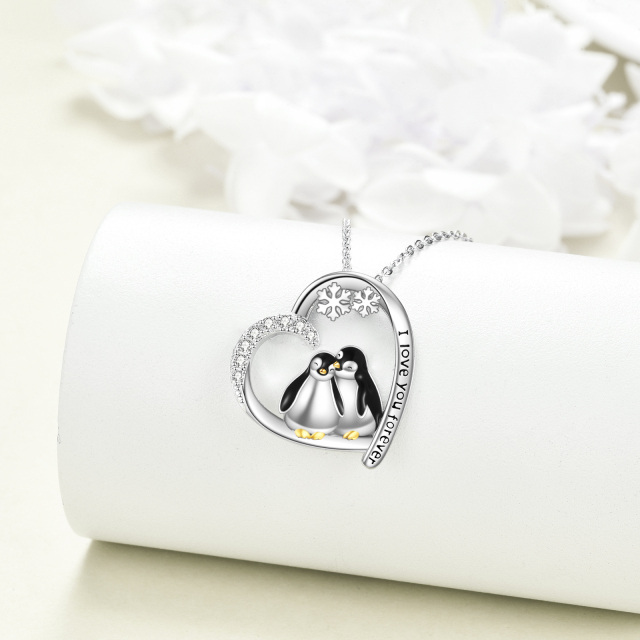 Sterling Silver Two-tone Round Zircon Penguin & Heart & Snowflake Pendant Necklace-3