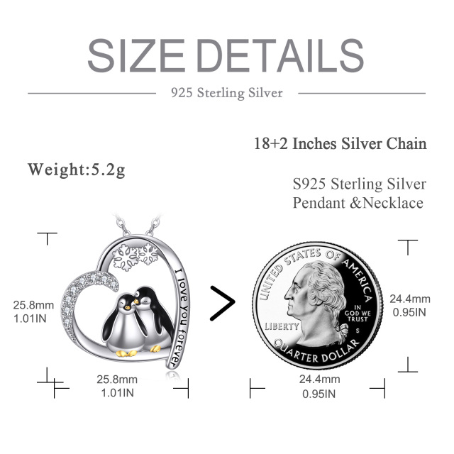 Sterling Silber zweifarbig rund Zirkon Pinguin & Herz & Schneeflocke Anhänger Halskette-5