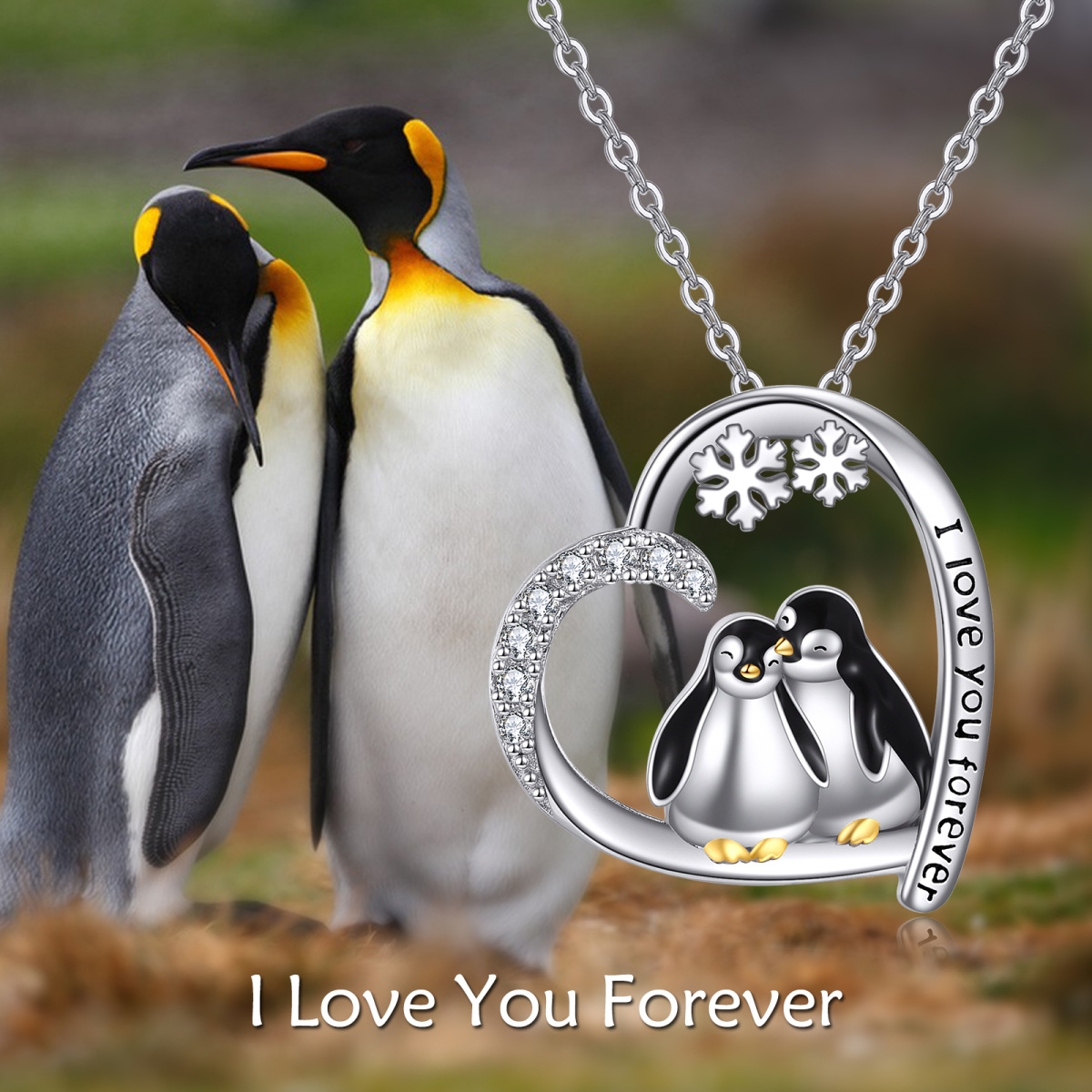 Sterling Silver Two-tone Round Zircon Penguin & Heart & Snowflake Pendant Necklace-6