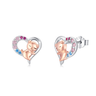 Sterling Silver Two-tone Round Zircon Pig Stud Earrings-30