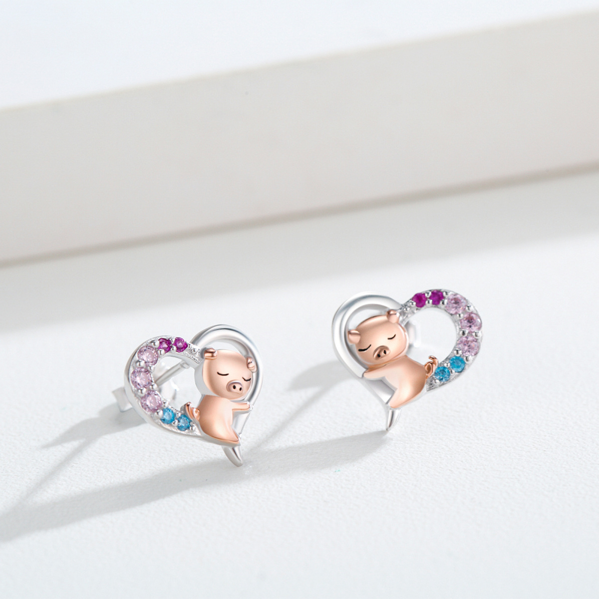 Sterling Silver Two-tone Round Zircon Pig Stud Earrings-3