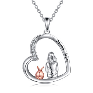 Sterling Silver Two-tone Round Zircon Rabbit Pendant Necklace with Engraved Word-19