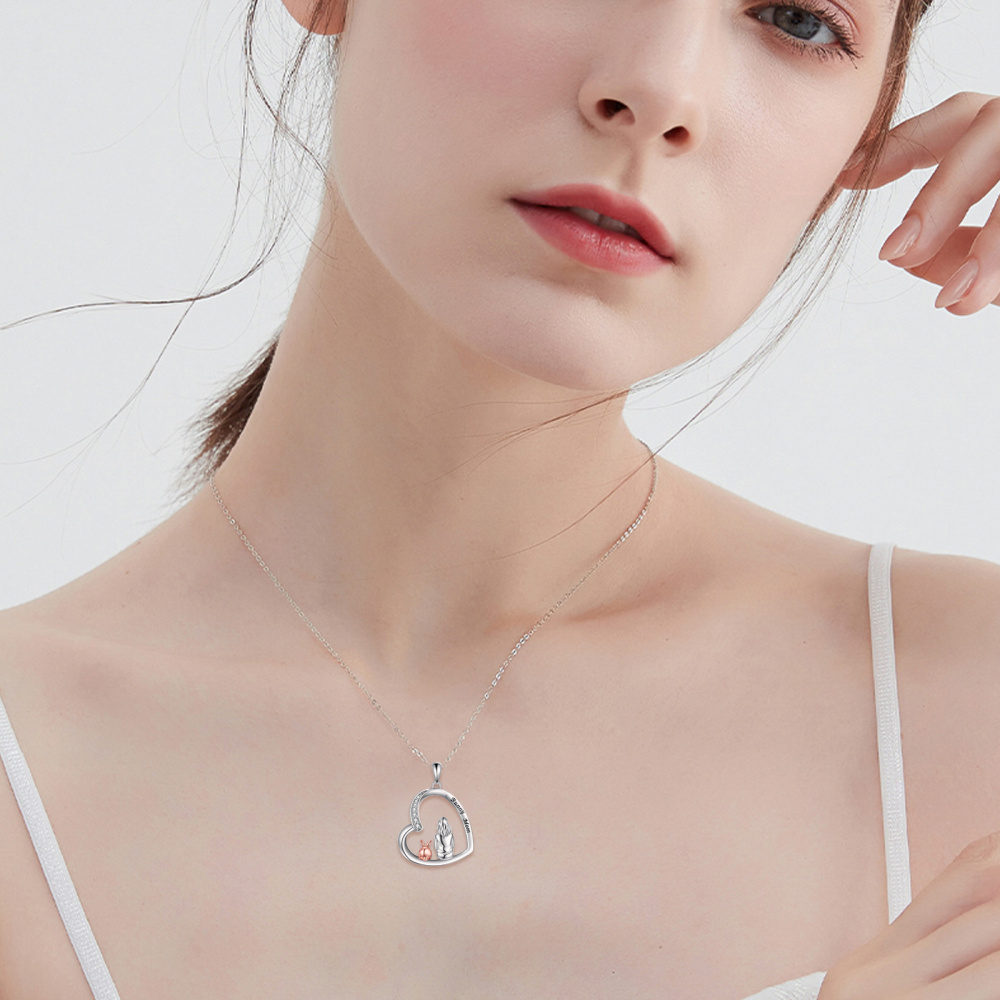 Collier en argent sterling avec pendentif lapin en zircon rond bicolore et mot gravé-2