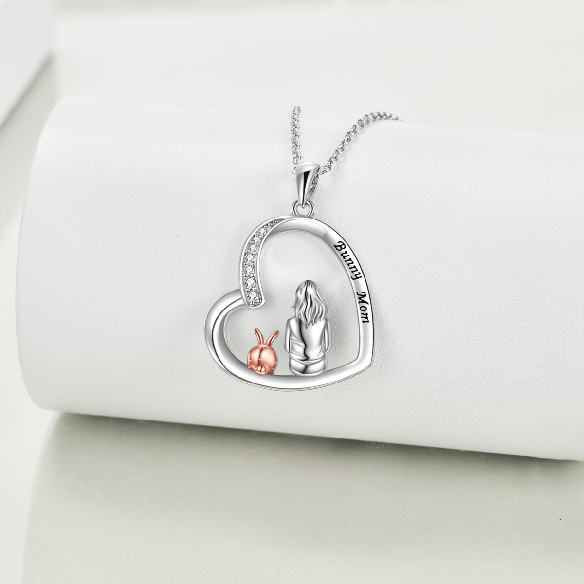 Sterling Silver Two-tone Round Zircon Rabbit Pendant Necklace with Engraved Word-3